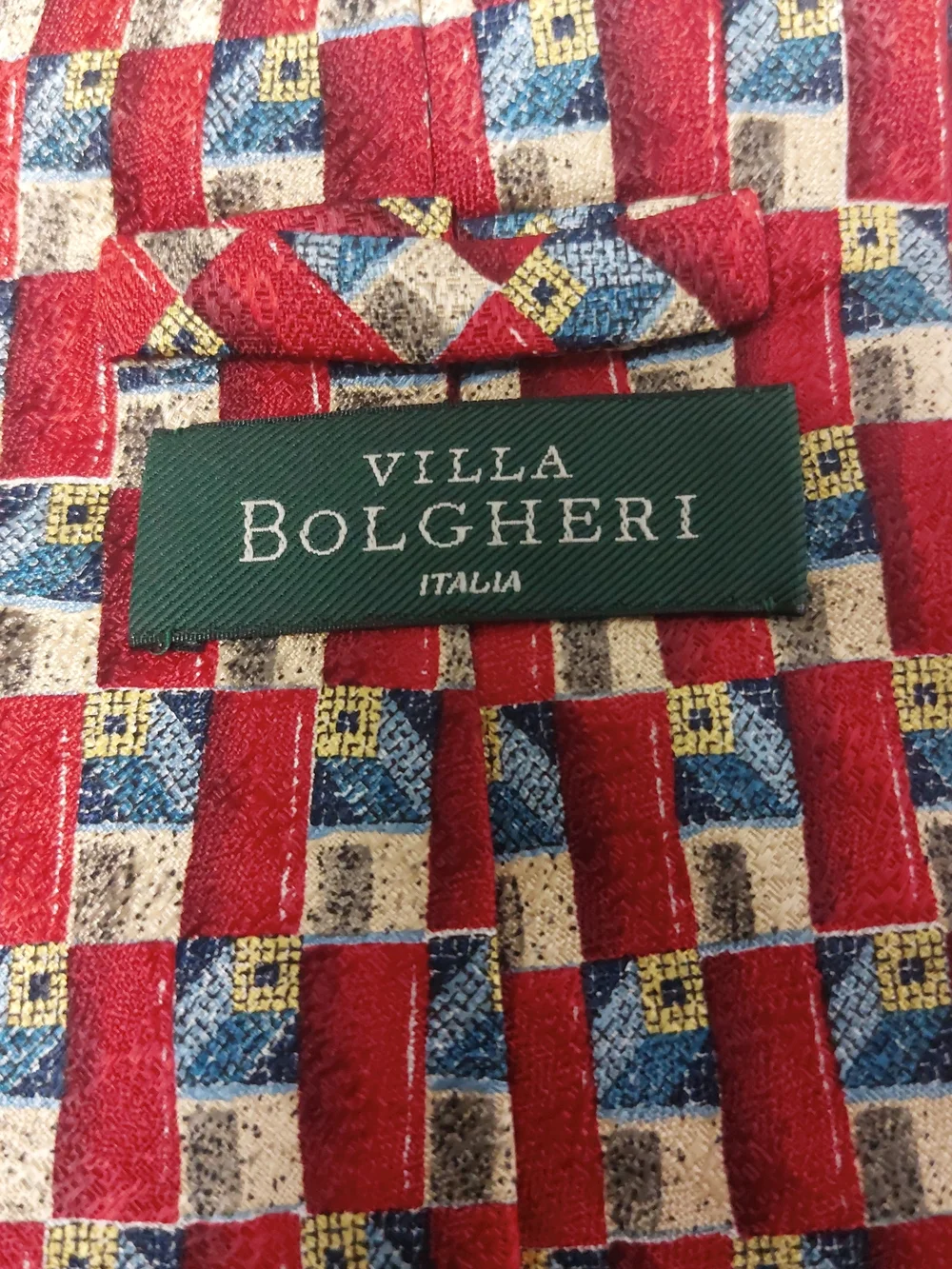 Italia Red Checked Pattern Men’s Tie with Blue and Cream Accents